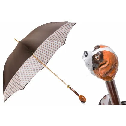 Zdjęcie Stylowy brązowo biały parasol damski w brązowe kropki z rączką zdobioną głową psa bernardyna – Pasotti