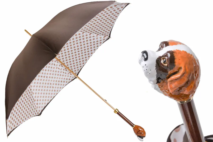obrazek 1 Stylowy brązowo biały parasol damski w brązowe kropki z rączką zdobioną głową psa bernardyna – Pasotti