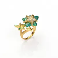 Picture Unique adjustable ring in 18K gold-plated silver with white zircons and green enamel