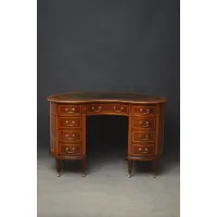 Zdjęcie Antyczne, wysokiej jakości edwardiańskie, mahoniowe biurko w kształcie nerki, z wyprawioną skórzaną powierzchnią do pisania