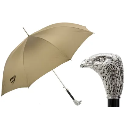 Picture Stylish beige men's umbrella with a handle in the shape of a silver eagle's head - Pasotti