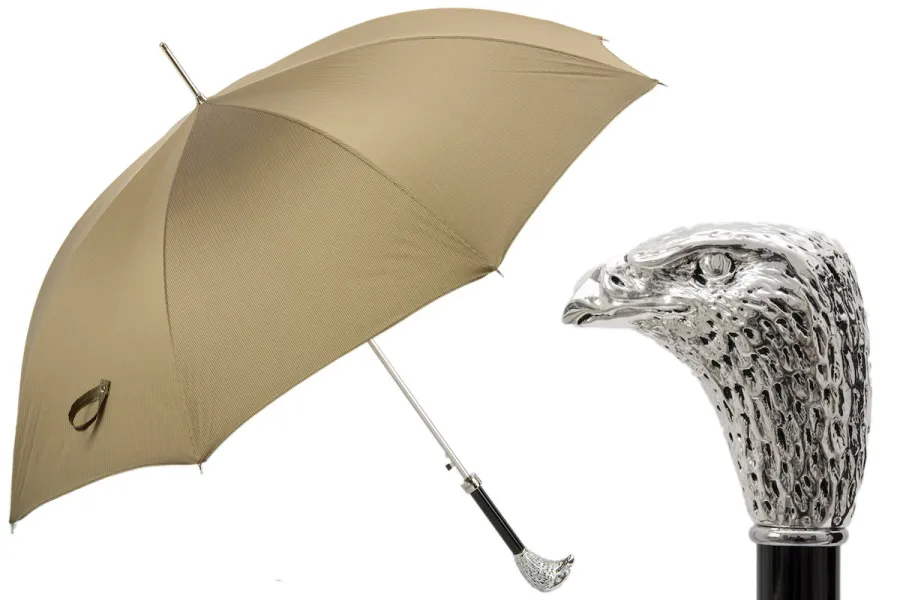 obrazek 1 Stylowy beżowy parasol męski z rączką w kształcie srebrnej głowy orła - Pasotti