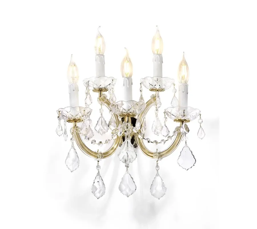 obrazek 1 Lampa ścienna z ramą z miękkiego złota pokrytą przezroczystymi szklanymi ramionami i przezroczystymi zawieszkami Asfour Crystal - Il Paralume Marina