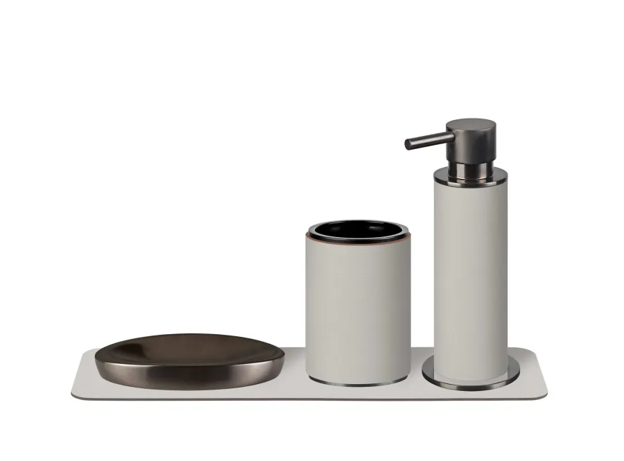 obrazek 2 Stylowy dozownik Ø7xH19 cm w kolorze perłowym z grafitowym wykończeniem