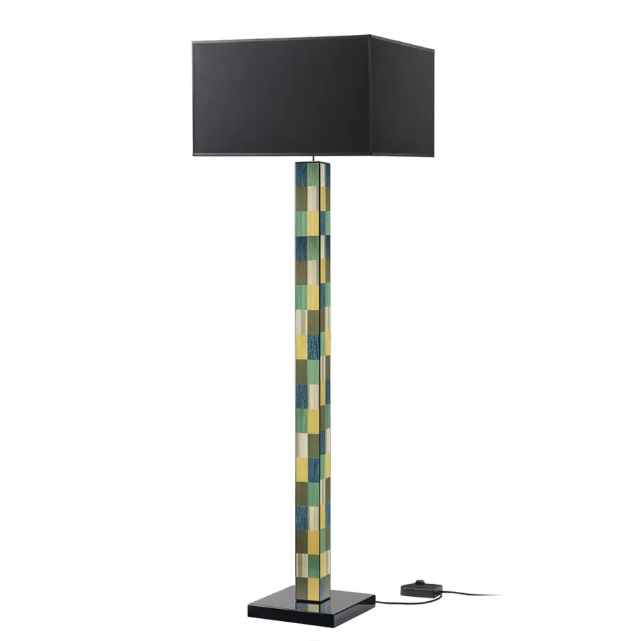 obrazek 1 Ekskluzywna lampa stojąca z ciemnym kloszem z drewna i inkrustowanego forniru