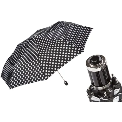 Zdjęcie Wyjątkowy czarny parasol damski w białe kropki z oryginalną rączką – Pasotti
