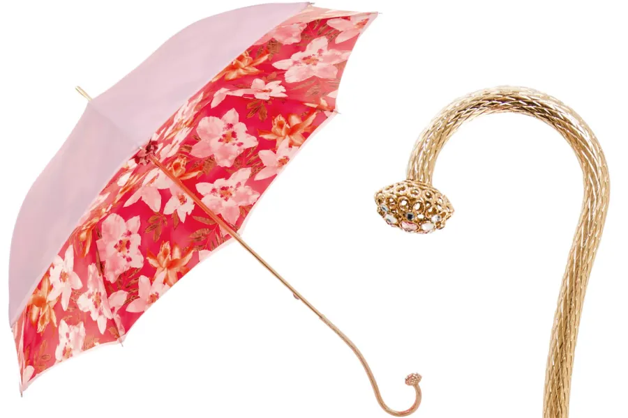obrazek 1 Piękny stylowy różowo-czerwony parasol damski zdobiony motywem kwiatów orchidei - Pasotti