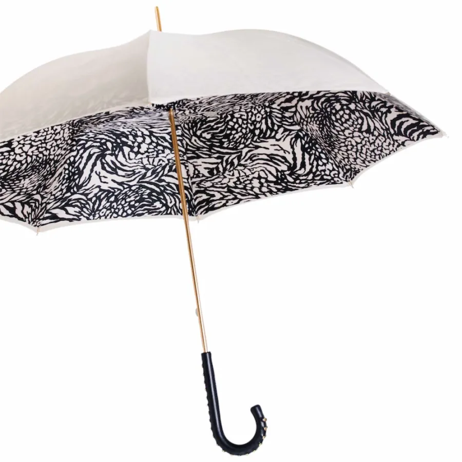 obrazek 8 Stylowy parasol damski w kolorze kości słoniowej zdobiony czarno-białymi paskami - Pasotti