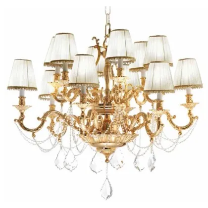 Zdjęcie Żyrandol z dwunastoma światłami z odlewu mosiądzu z kloszami w kolorze kości słoniowej i przezroczystymi kryształami Asfour - Il Paralume Marina