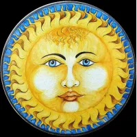 Picture Round garden tabletop made of lava and ceramics with a depiction of the sun - Ceramiche Valchida
