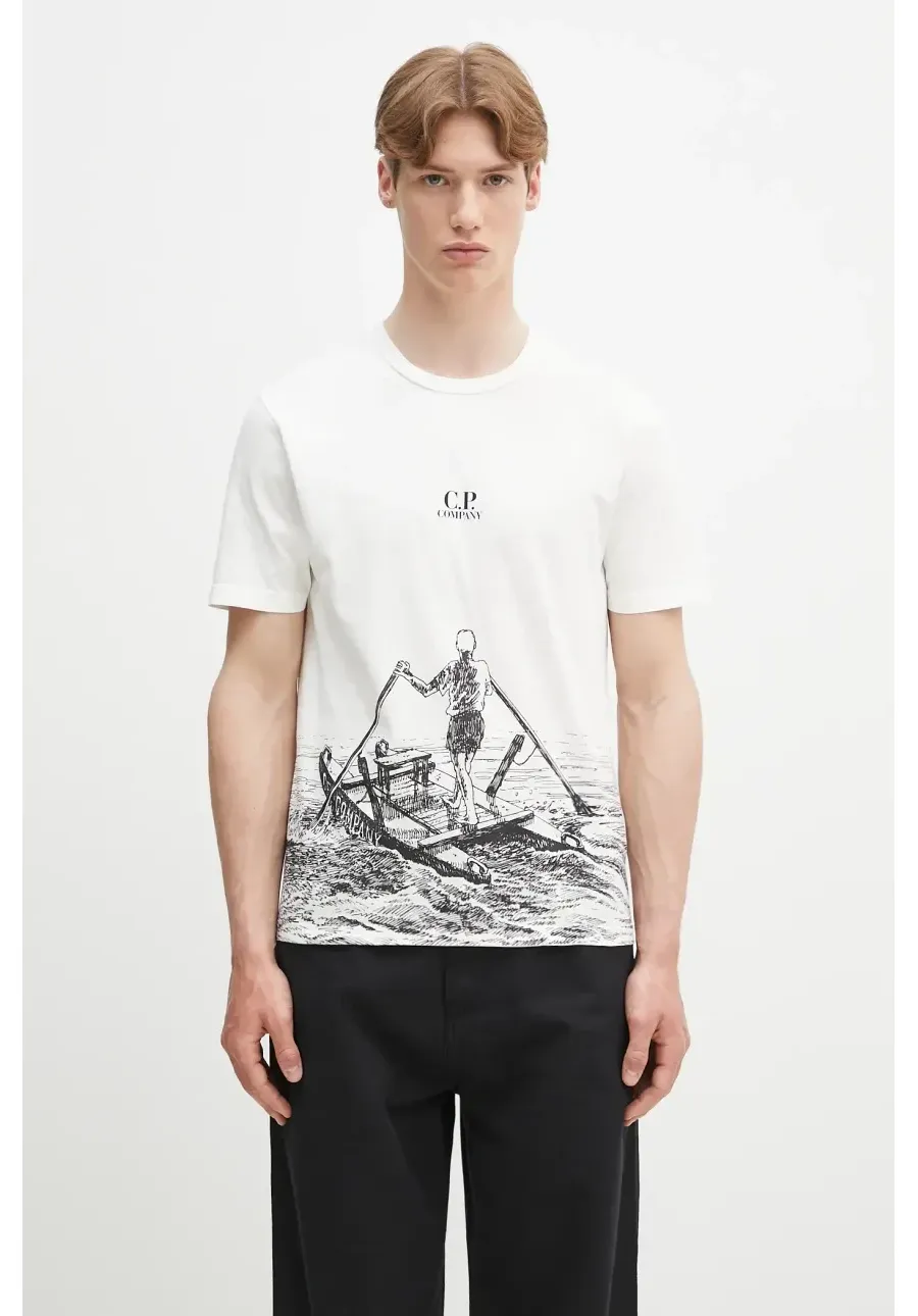 obrazek 1 C.P. Company t-shirt bawełniany męski kolor beżowy z nadrukiem 18CMTS318A005431G