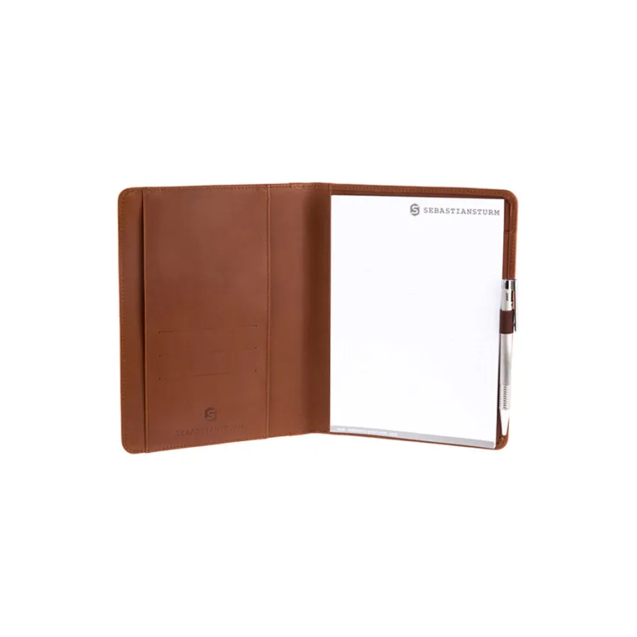 obrazek 4 Eleganckie etui do notowania A5 z gładkiej skóry w kolorze koniaku i drewna Amazaque