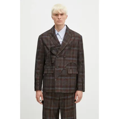 Zdjęcie Andersson Bell marynarka wełniana Soe Check Wrap Double Breasted Jacket kolor brązowy awa628m