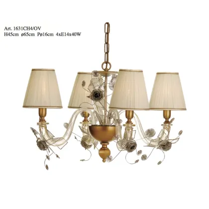 Zdjęcie Żyrandol z przezroczystego szkła Murano z metalowymi różami i dwuwarstwowymi kloszami z tkaniny - Il Paralume Marina