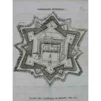 Zdjęcie Rycina przedstawiająca plany zamku miasta Mediolanu z krótkim podpisem