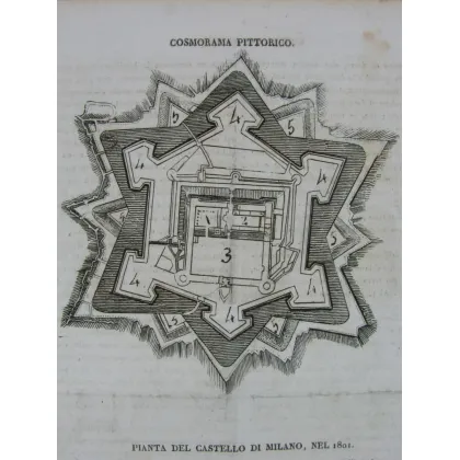 Zdjęcie Rycina przedstawiająca plany zamku miasta Mediolanu z krótkim podpisem