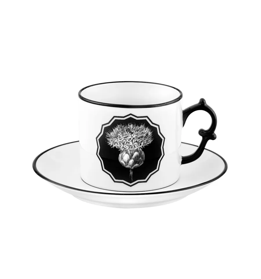 obrazek 1 Porcelanowa biało-czarna filiżanka do herbaty ze spodkiem Herbariae z czarnym motywem inspirowanym ostem - Vista Alegre
