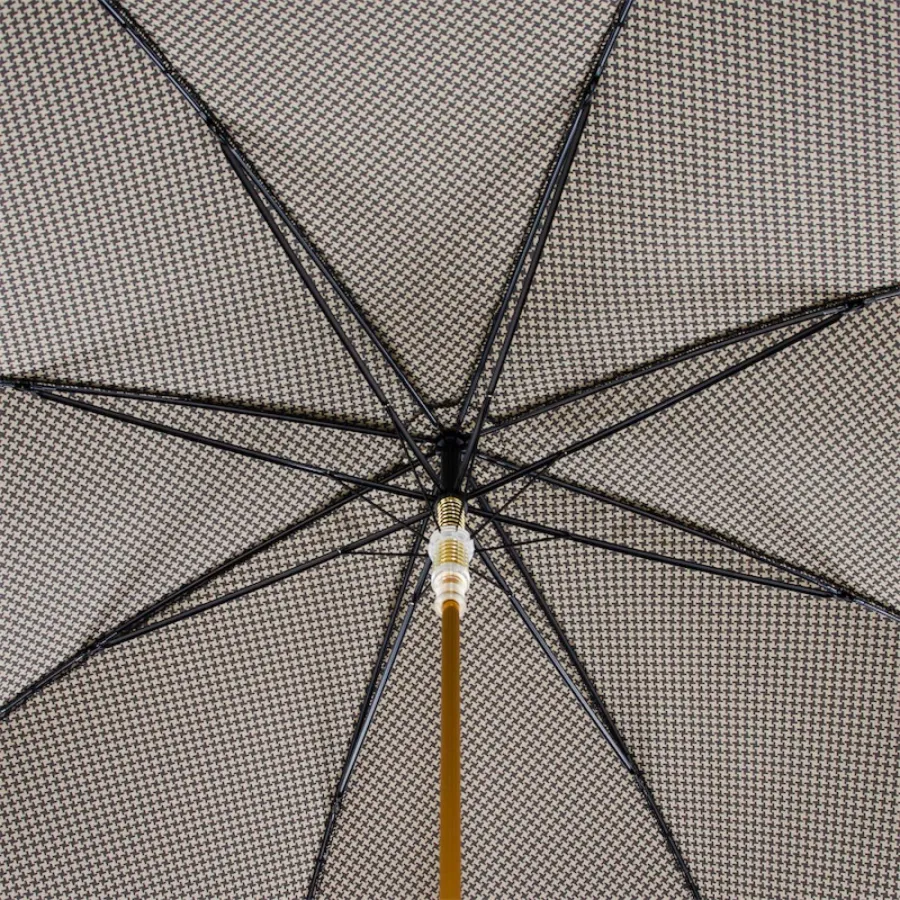 obrazek 6 Stylowy brązowy parasol męski zdobiony drobnym geometrycznym wzorem z rączką – głową buldoga – Pasotti