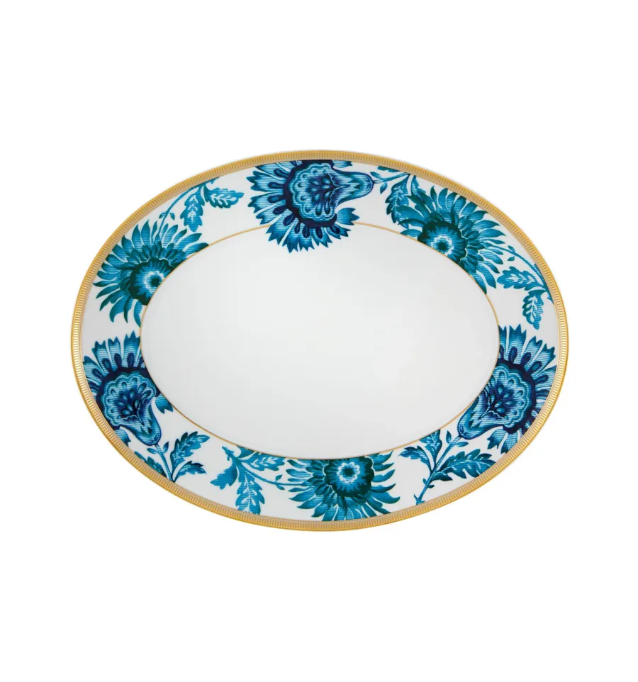 obrazek 1 Porcelanowy mały owalny talerz Gold Exotic z turkusowym motywem roślinnym i złotym wykończeniem - Vista Alegre