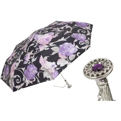 Zdjęcie Stylowy czarny parasol damski zdobiony pięknym motywem róż z bogato zdobioną rączką – Pasotti