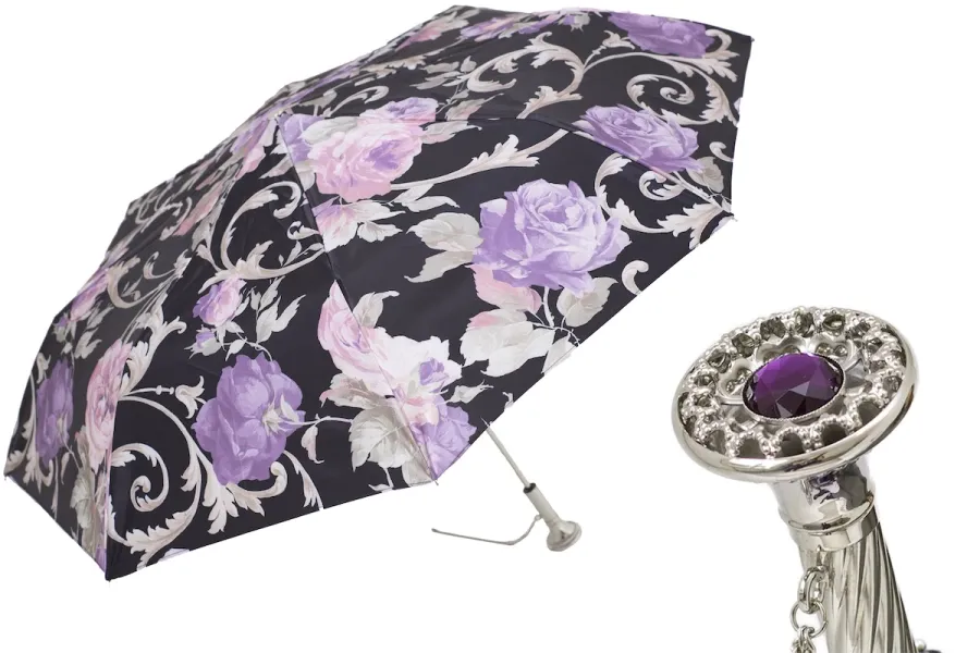 obrazek 1 Stylowy czarny parasol damski zdobiony pięknym motywem róż z bogato zdobioną rączką – Pasotti