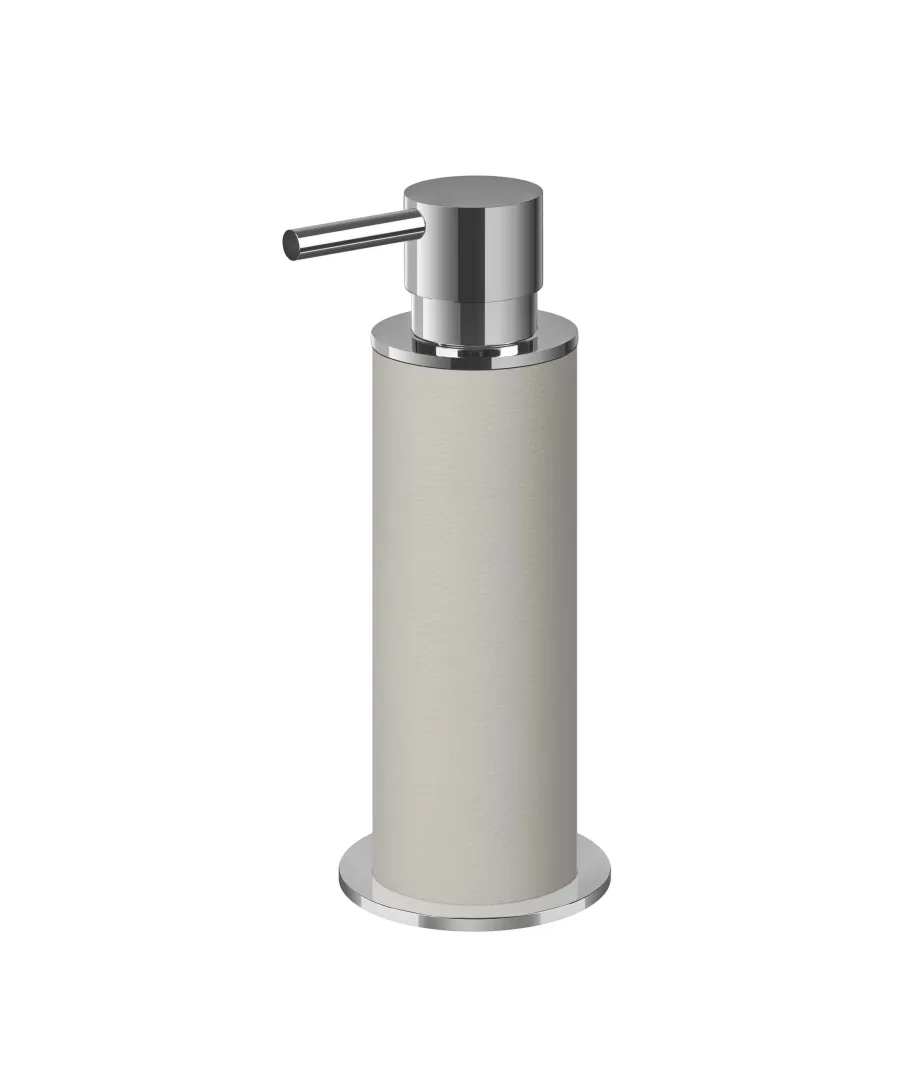 obrazek 1 Ekskluzywny chromowany dozownik Ø7xH19 cm z wykończeniem w kolorze beżowo-szarym