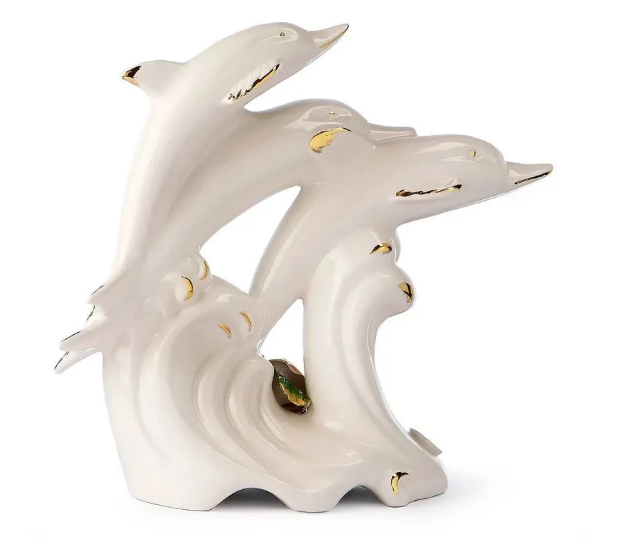 obrazek 3 Ceramiczna ozdoba z 3 delfinami i kwiatami do salonu