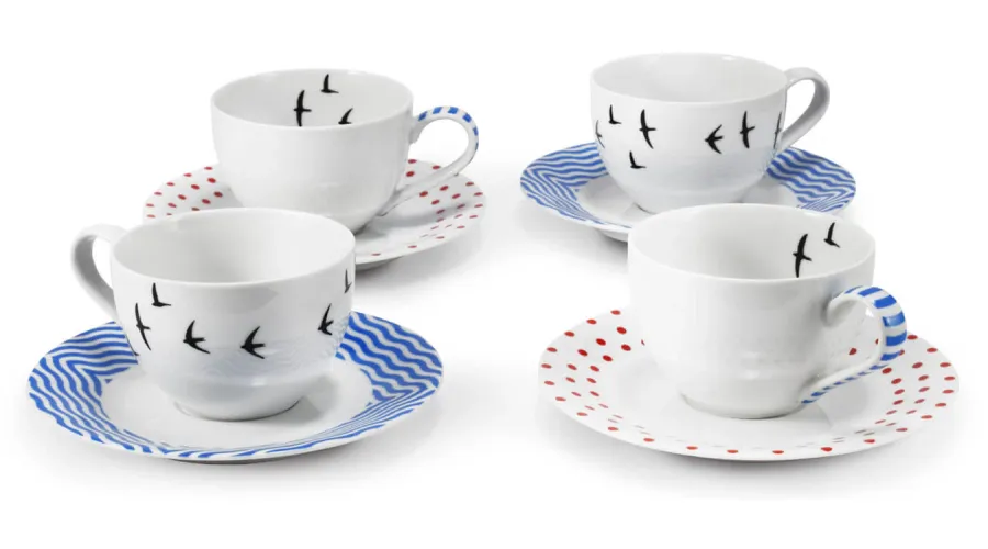 obrazek 1 Wyjątkowy zestaw filiżanek ze spodkami z porcelany zdobiony subtelnym geometrycznym motywem – Leander