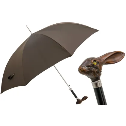 Picture Prestigious brown men's umbrella with a handle in the shape of a rabbit's head - Pasotti