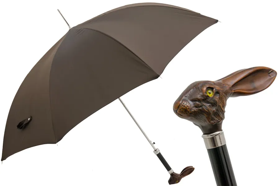 obrazek 1 Prestiżowy brązowy parasol męski z rączką w kształcie głowy królika – Pasotti