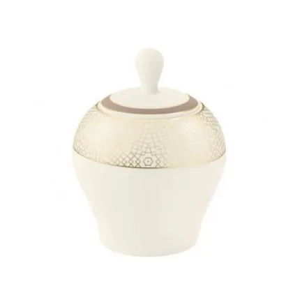 Zdjęcie Kremowa porcelanowa cukiernica zdobiona złotym wzorem w stylu klasycznym - Tettau