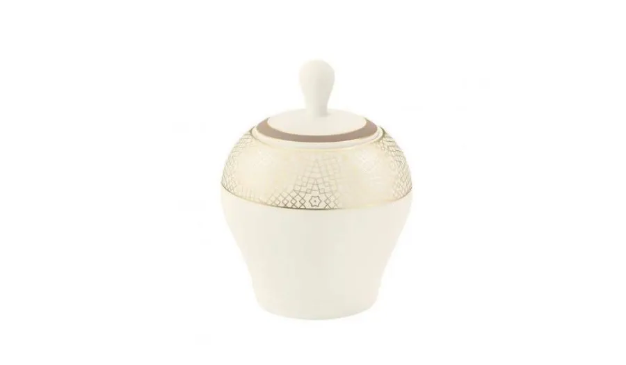 obrazek 1 Kremowa porcelanowa cukiernica zdobiona złotym wzorem w stylu klasycznym - Tettau