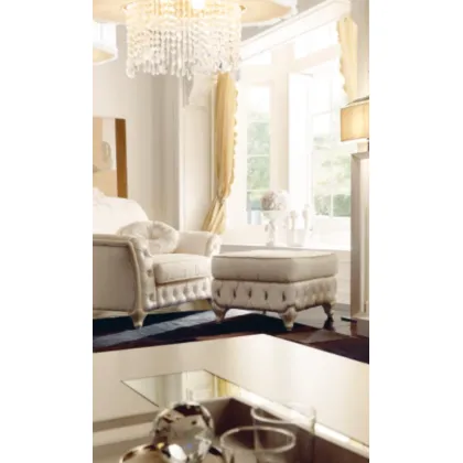 Picture Brigitte pouffe for the bedroom, white patinated, Mirabelle velvet fabric - Avenanti