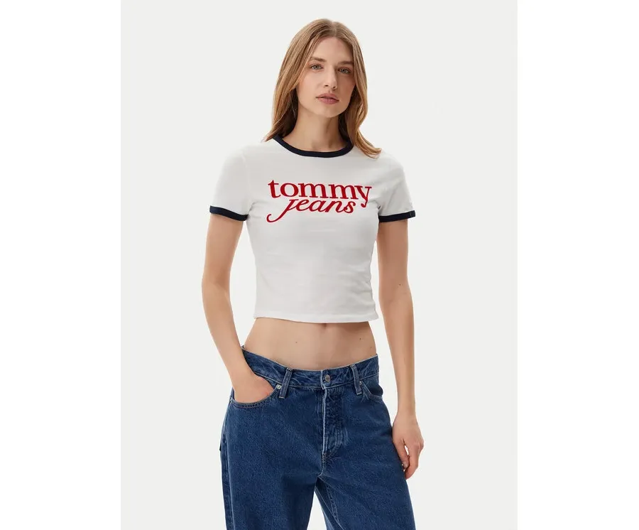 obrazek 1 Tommy Jeans T-Shirt Script Ringer DW0DW20631 Écru Slim Fit