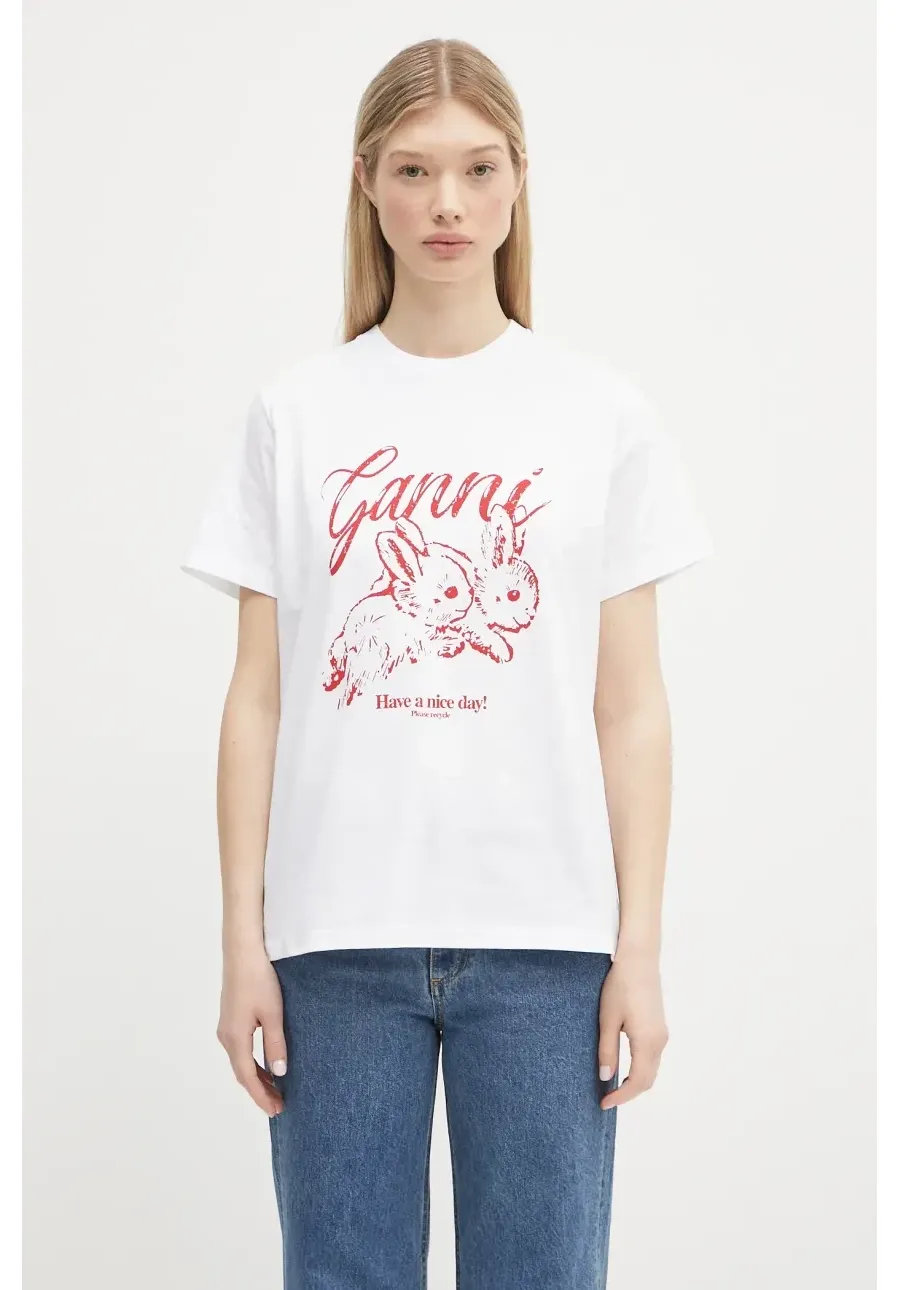 obrazek 1 GANNI t-shirt bawełniany Basic Jersey Bunnies Relaxed damski kolor biały T3994