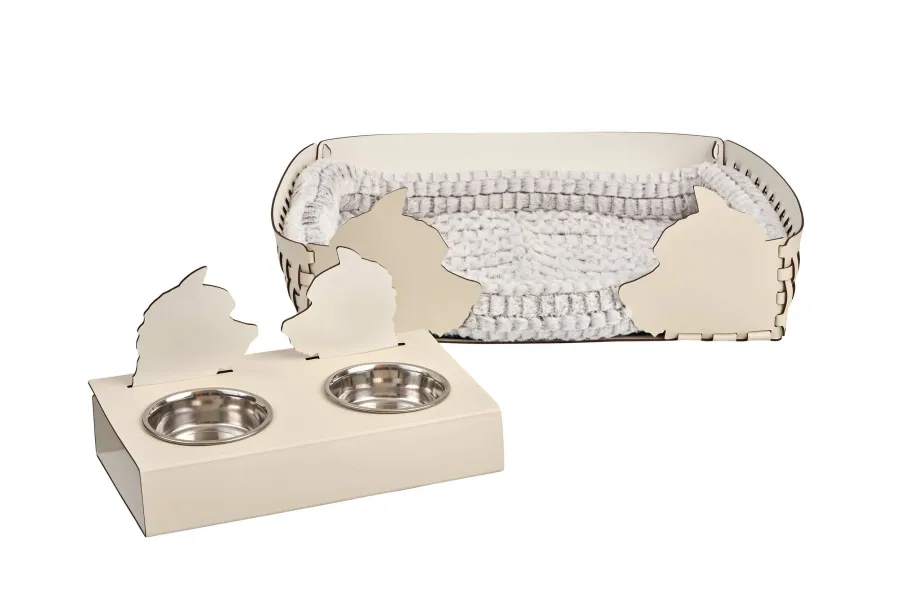 obrazek 2 Stylowy skórzany zestaw misek dla psa 40x22xH7,5 cm w kolorze waniliowym