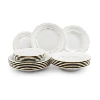 Zdjęcie Stylowy 18-elementowy zestaw talerzy z porcelany zdobiony delikatną złotą obwódką w stylu nowoczesnym – Leander
