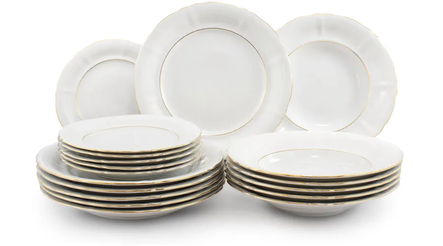 obrazek 1 Stylowy 18-elementowy zestaw talerzy z porcelany zdobiony delikatną złotą obwódką w stylu nowoczesnym – Leander