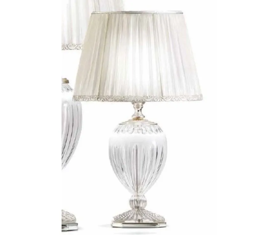 obrazek 1 Lampa stołowa z białego i przezroczystego kryształu florenckiego z podwójnym kloszem z tkaniny – Il Paralume Marina