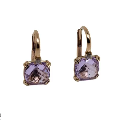 Zdjęcie Kolczyki z fioletowym kamieniem 8x8 mm i cyrkonią z haczykiem