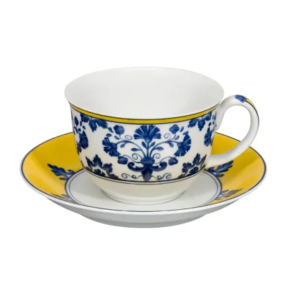 Picture Castelo Branco porcelain breakfast cup and saucer with a floral decorative motif - 2 pieces - Vista Alegre