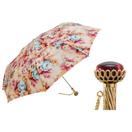Zdjęcie Elegancki parasol damski zdobiony pięknym motywem kwiatowym z rączką z klejnotem - Pasotti