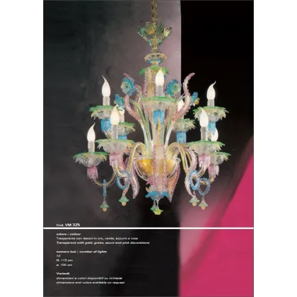 Zdjęcie Przezroczysty 10-punktowy żyrandol ze złotymi, zielonymi, niebieskimi i różowymi zdobieniami - Il Paralume Marina