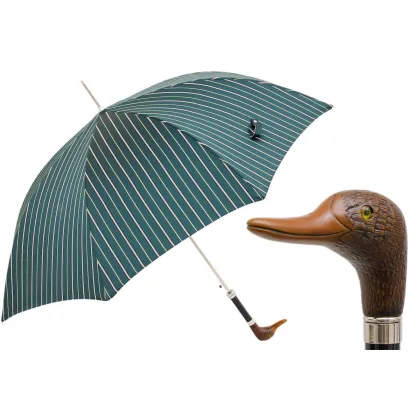 Picture Stylish turquoise men's vertical striped umbrella with a handle in the shape of a duck's head - Pasotti