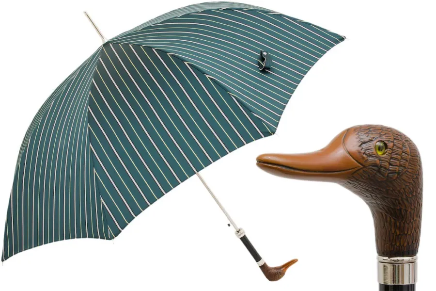 obrazek 1 Stylowy turkusowy parasol męski w pionowe paski z rączką w kształcie głowy kaczki – Pasotti