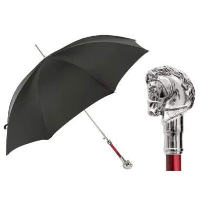 Picture Stylish black men's umbrella with a handle in the shape of a silver horse's head - Pasotti