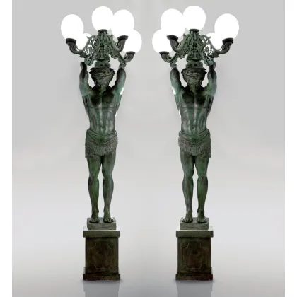 Zdjęcie Rzeźba z brązu przedstawiająca telamony z lampą 2 sztuki - Fonderia Artistica Ruocco