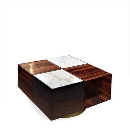 Zdjęcie Kwadratowy stolik kawowy z eleganckim połączeniem fornirowanego drewna i marmuru H.43xL.100xP.100 cm