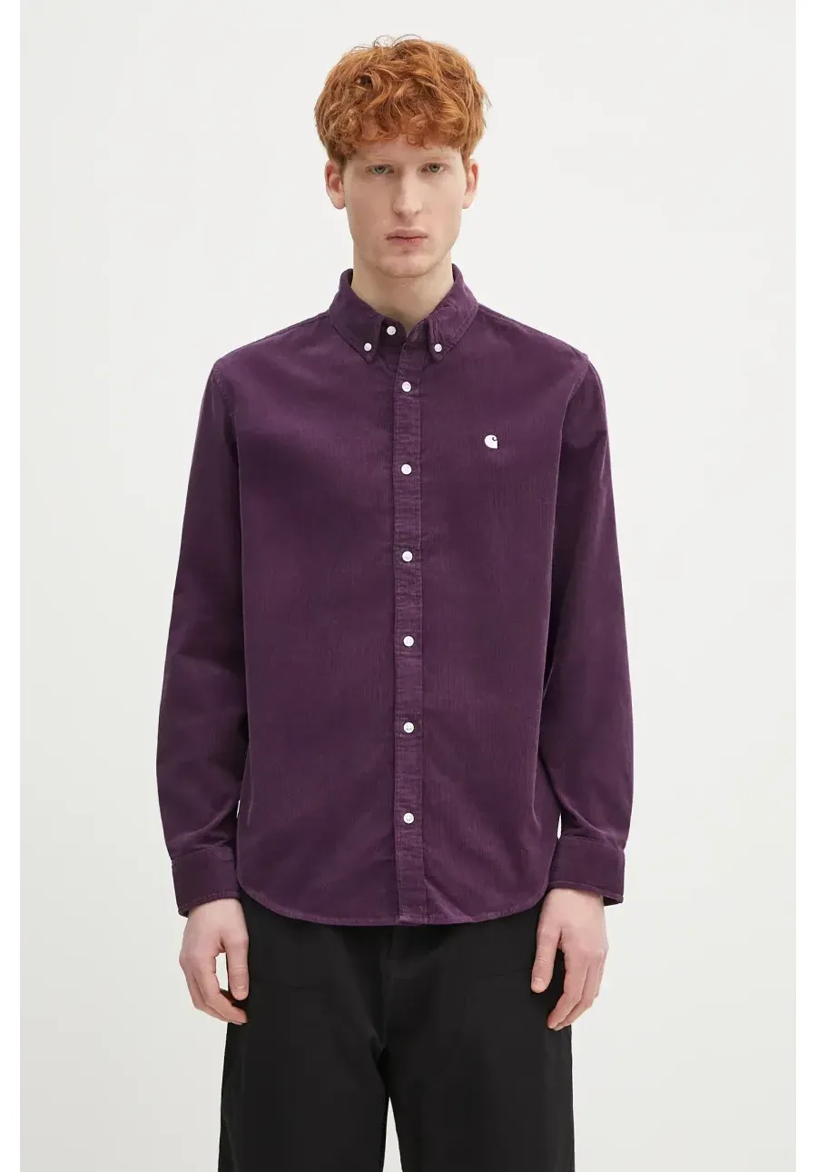 obrazek 1 Carhartt WIP koszula sztruksowa L/S Madison Fine Cord Shirt męska kolor fioletowy regular z kołnierzykiem klasycznym I030580.2W0XX