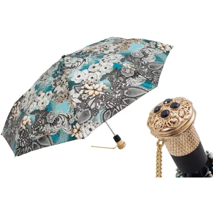 Zdjęcie Elegancki parasol damski zdobiony oryginalnym kwiatowym wzorem z rączką wysadzaną klejnotami - Pasotti